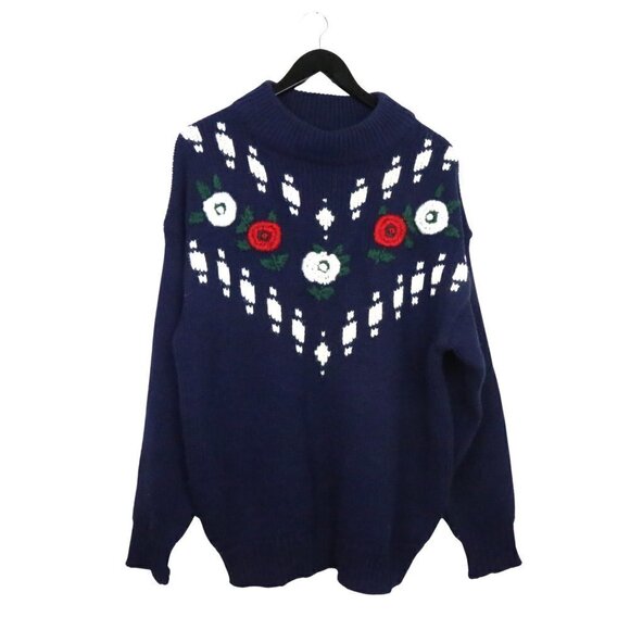 Vintage Cottagecore Sweater 100% Acrylic Floral Embroidered Crew Neck Pullover - Picture 1 of 6